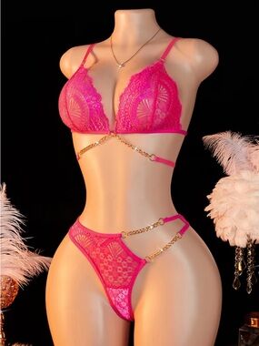 Delicate Lace Bralette & Bikini Set in Hot Pink with Chain Accents